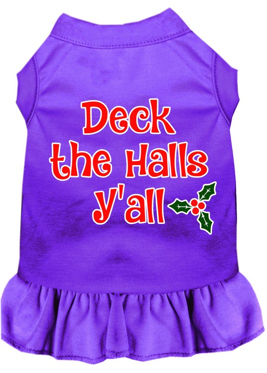 Deck the Halls Y'all Screen Print Dog Dress Purple Sm